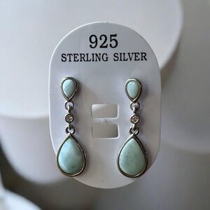 NWT Natural Larimar CZ 925 Sterling Silver Drop Post Earrings! New!